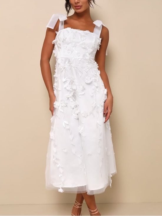 Lulus Dresses & Skirts - NWOT Lulus White Effortlessly Sweet White Tulle Floral Toe Strap MIDI Dress M